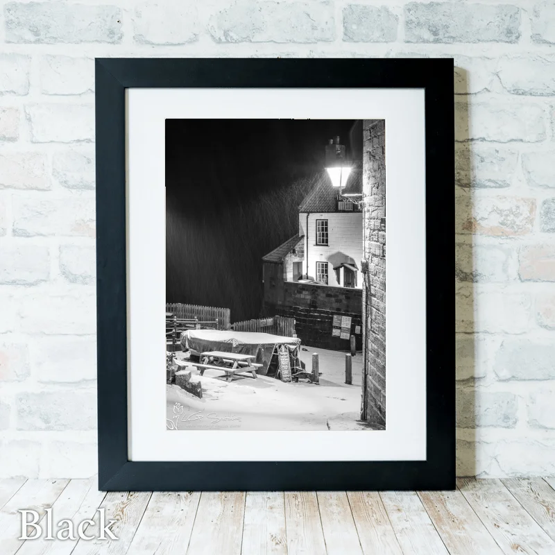 Robin Hoods Bay Snow Storm Black And White 3 Robin Hoods Bay Snow Storm Black And White - Black-Portrait-Frame