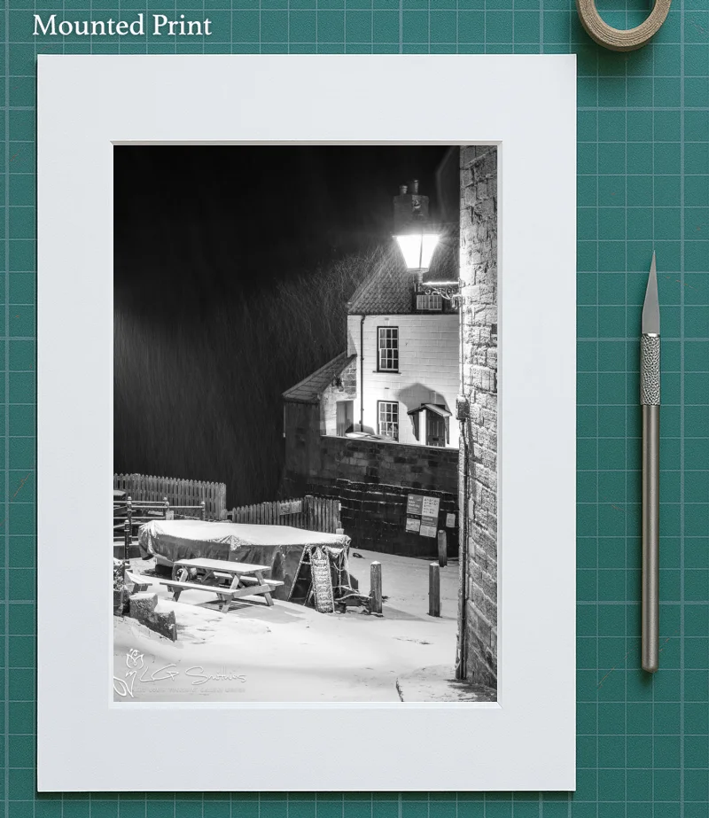 Robin Hoods Bay Snow Storm Black And White 5 Robin Hoods Bay Snow Storm Black And White - Mounted-Print-Portrait