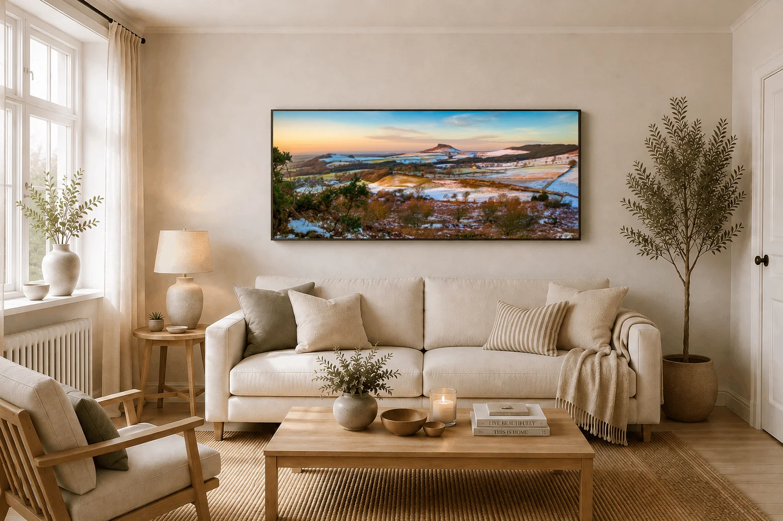 Roseberry Topping Winter Sunset Panoramic 3 Roseberry Topping Winter Sunset Panoramic - Large floating Framed Canvas On Display In A Living Room