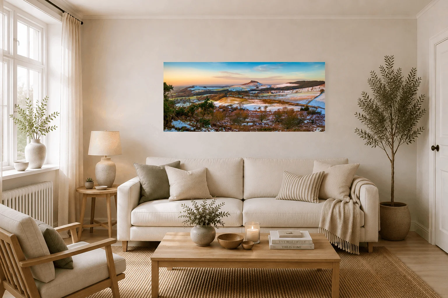 Roseberry Topping Winter Sunset Panoramic 2 Roseberry Topping Winter Sunset Panoramic - Large Panoramic Canvas On Display In A Living Room