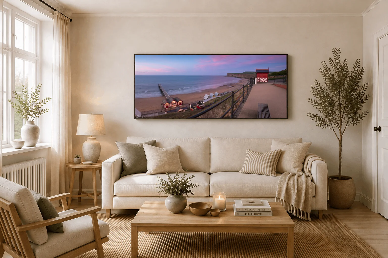 Saltburn and Huntcliff Panoramic 4 Saltburn and Huntcliff Panoramic - Large floating Framed Canvas On Display In A Living Room