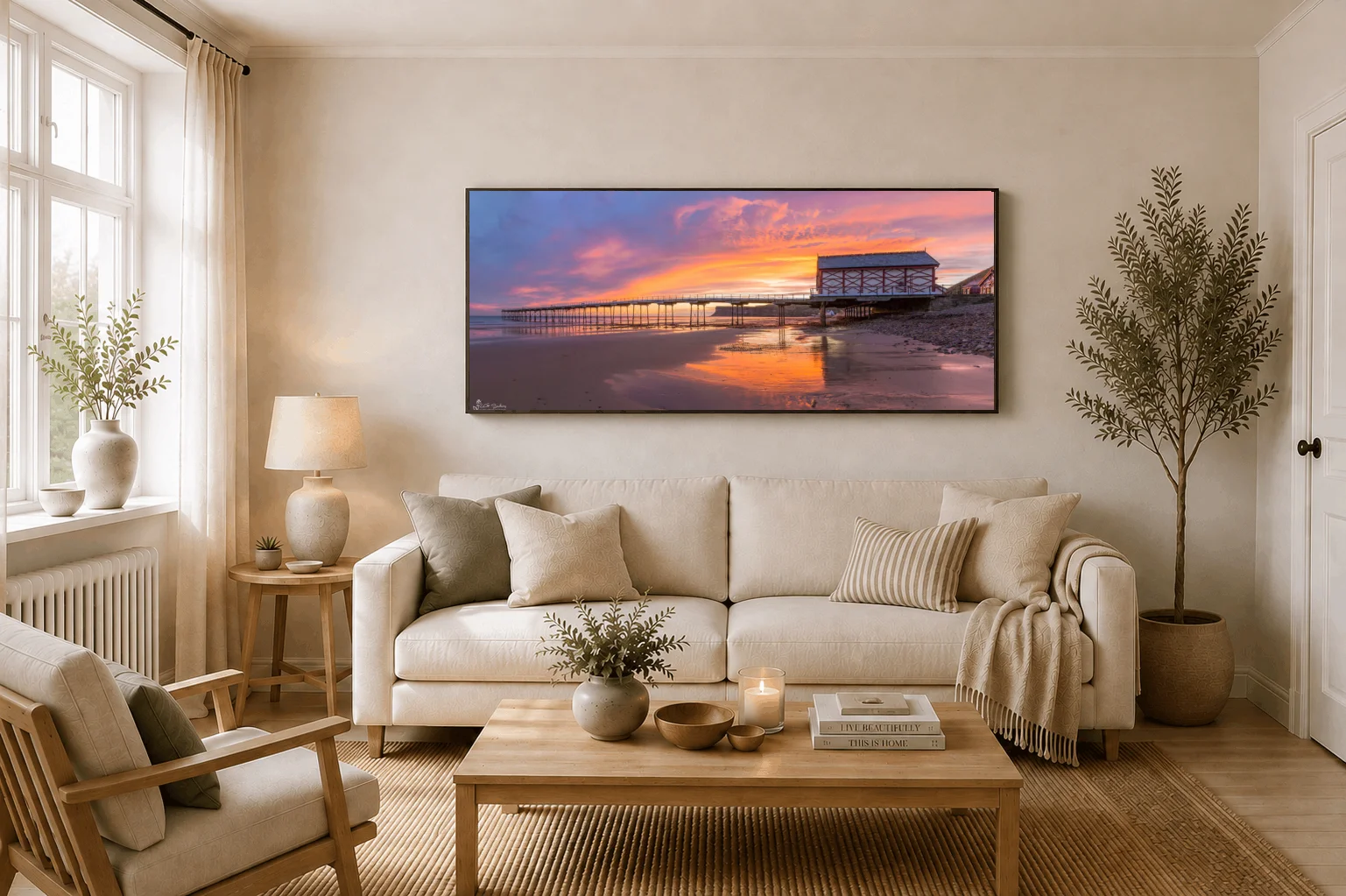 Saltburn At Dawn Panoramic 4 Saltburn At Dawn Panoramic - Large floating Framed Canvas On Display In A Living Room