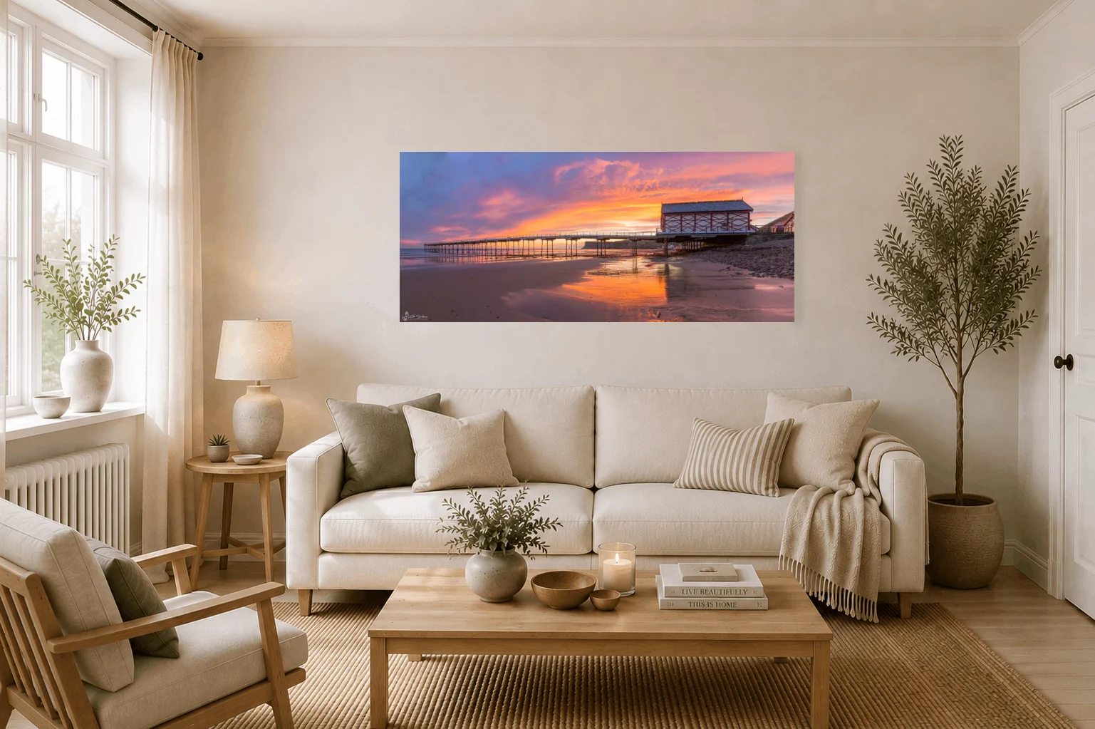 Saltburn At Dawn Panoramic 3 Saltburn At Dawn Panoramic - Large Panoramic Canvas On Display In A Living Room