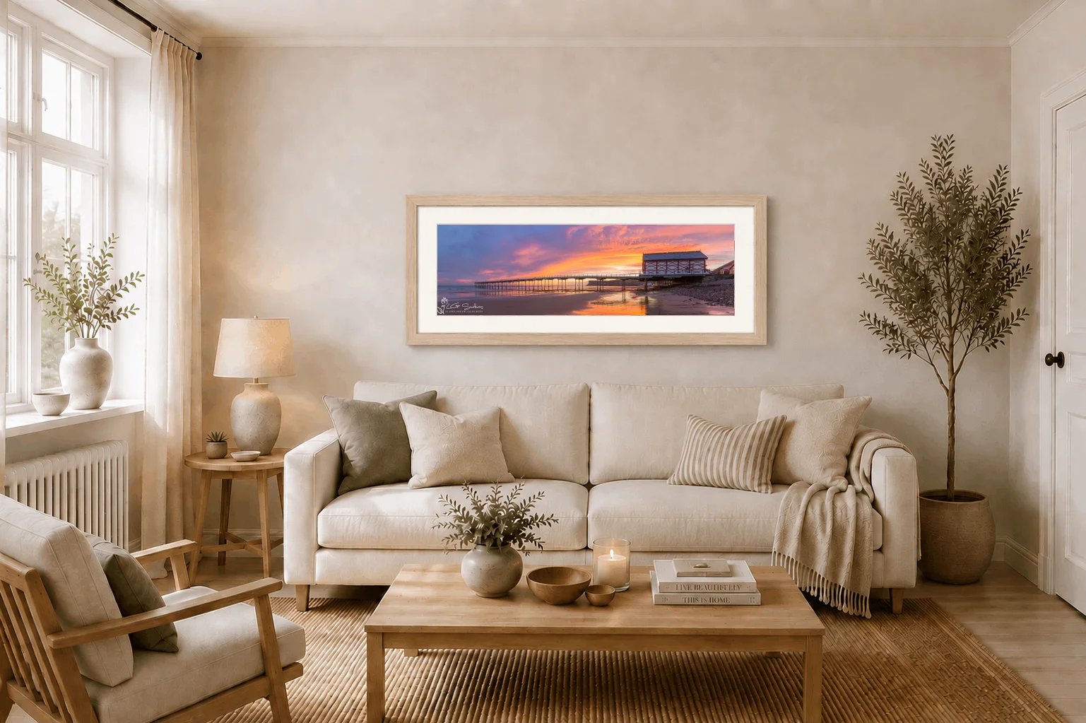 Saltburn At Dawn Slim Panoramic 2 Saltburn At Dawn Slim Panoramic - Ash Ramed Panoramic Print On Display In Living Room