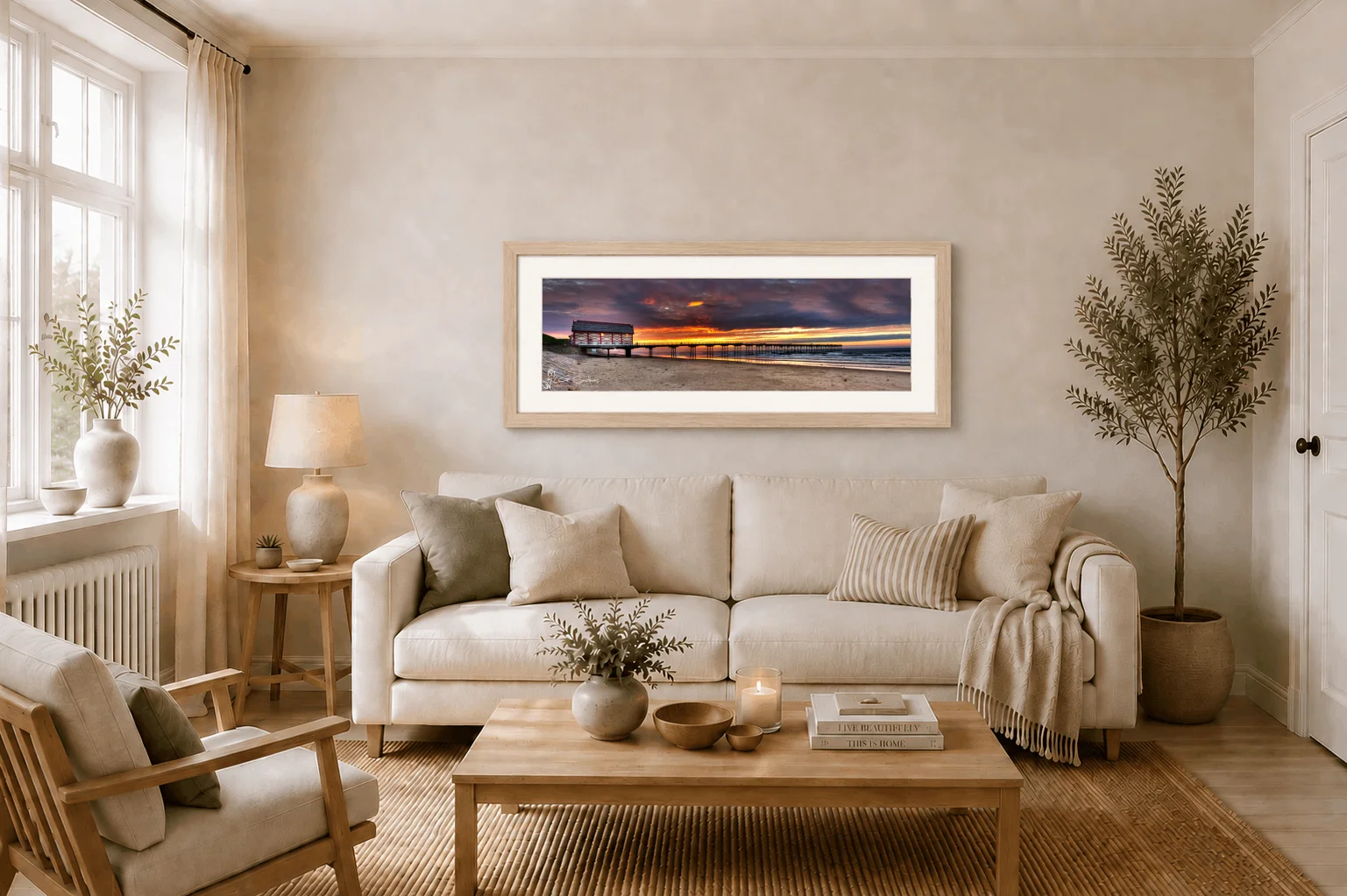 Saltburn Pier Slim Panoramic 2 Saltburn Pier Slim Panoramic - Ash Ramed Panoramic Print On Display In Living Room