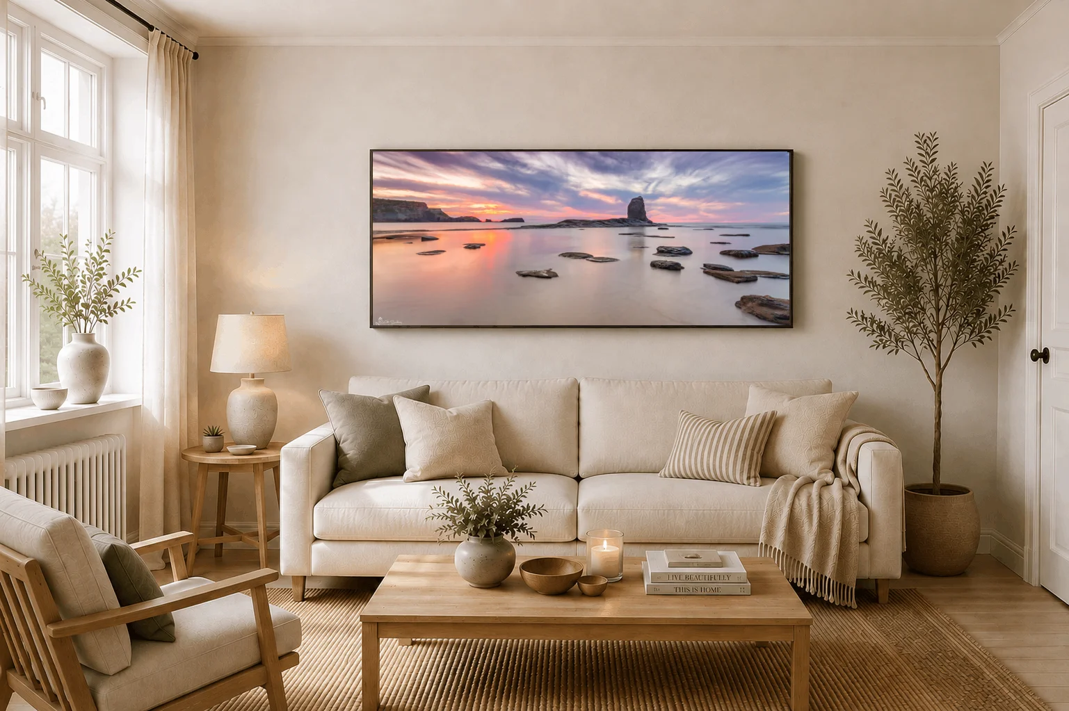 Saltwick Nab Sunset Whitby Panoramic 4 Saltwick Nab Sunset Whitby Panoramic - Large floating Framed Canvas On Display In A Living Room