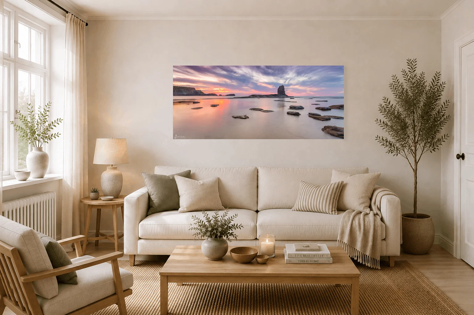 Saltwick Nab Sunset Whitby Panoramic 3 Saltwick Nab Sunset Whitby Panoramic - Large Panoramic Canvas On Display In A Living Room