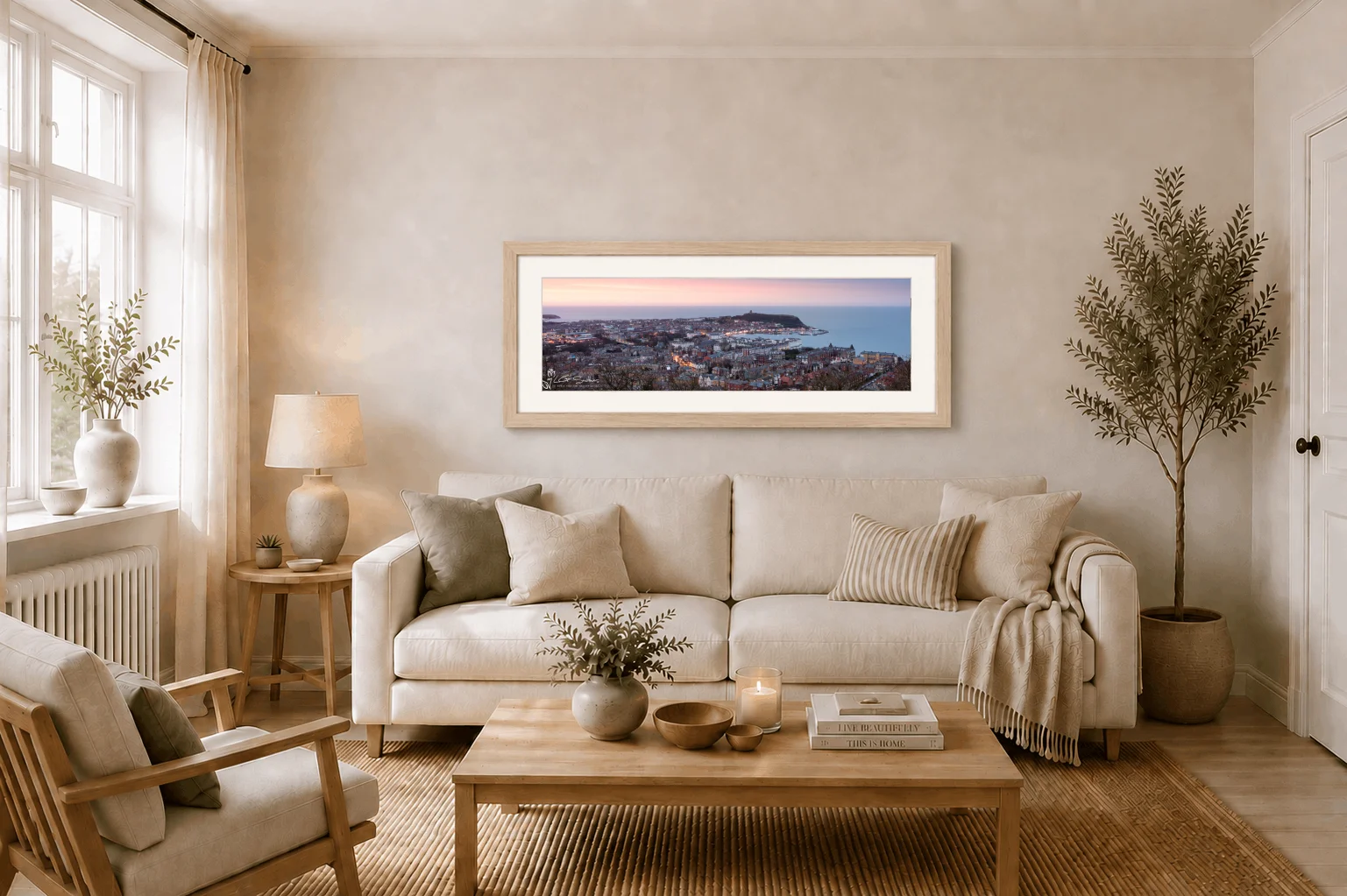 Scarborough From Olivers Mount Slim Panoramic 2 Scarborough From Olivers Mount Slim Panoramic - Ash Ramed Panoramic Print On Display In Living Room