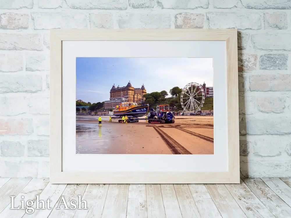 Scarborough South Bay Beach at Golden Hour with Lifeboat and The Grand 5 Scarborough South Bay Beach at Golden Hour with Lifeboat and The Grand - Light-Ash-Landscape-Frame