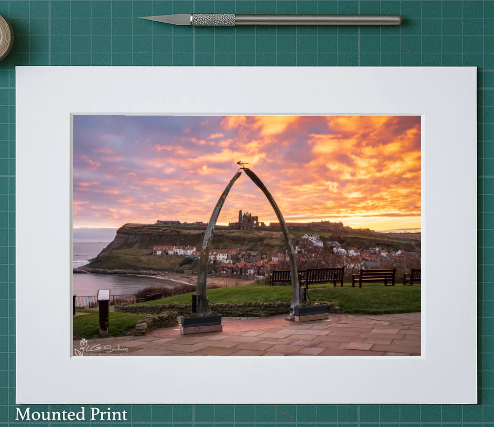 Sky On Fire At Whitby Whalebones 3 Sky On Fire At Whitby Whalebones - Landscape-Mounted-Print