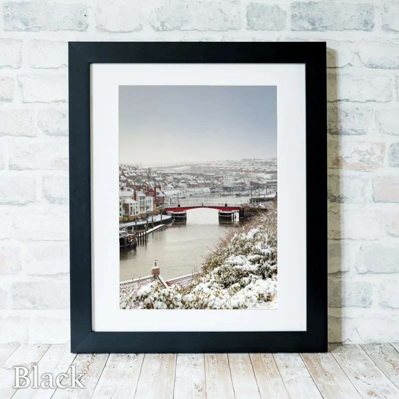Snow Covered Whitby Harbour 3 Snow Covered Whitby Harbour - Black-Portrait-Frame