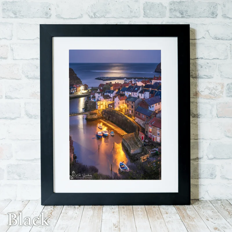 Snow Moonrise Over Staithes Harbour 3 Snow Moonrise Over Staithes Harbour - Black-Portrait-Frame