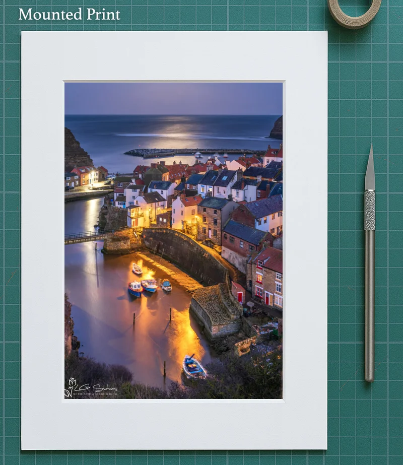 Snow Moonrise Over Staithes Harbour 5 Snow Moonrise Over Staithes Harbour - Mounted-Print-Portrait