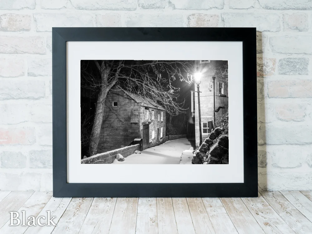 Snow Storm Black And White At Jim Bells Stile At Robin Hoods Bay 6 Snow Storm Black And White At Jim Bells Stile At Robin Hoods Bay - Black-Landscape-Frame