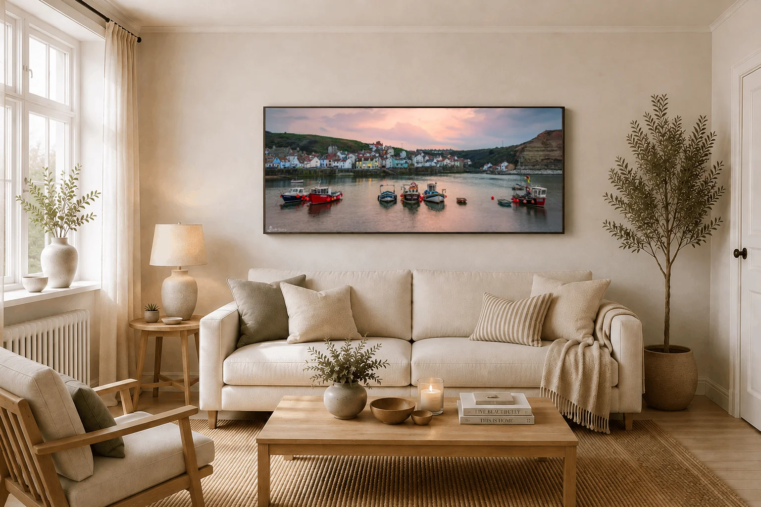 Staithes Fishing Fleet Panoramic 3 Staithes Fishing Fleet Panoramic - Large floating Framed Canvas On Display In A Living Room