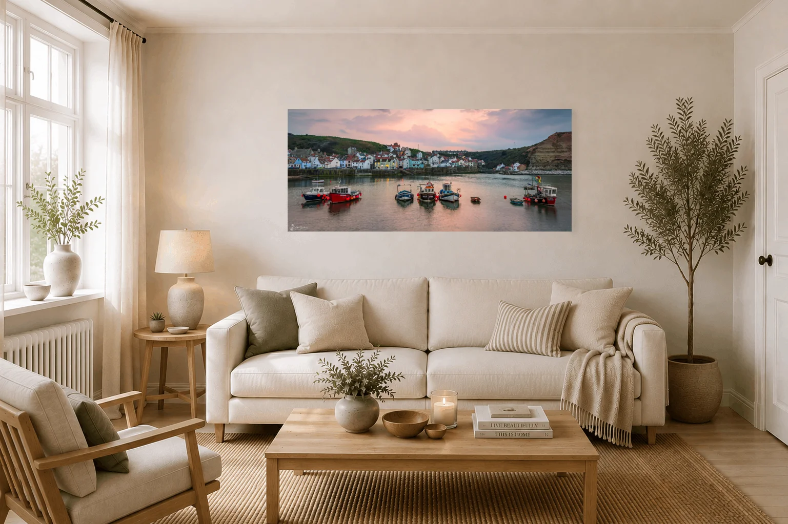 Staithes Fishing Fleet Panoramic 2 Staithes Fishing Fleet Panoramic - Large Panoramic Canvas On Display In A Living Room