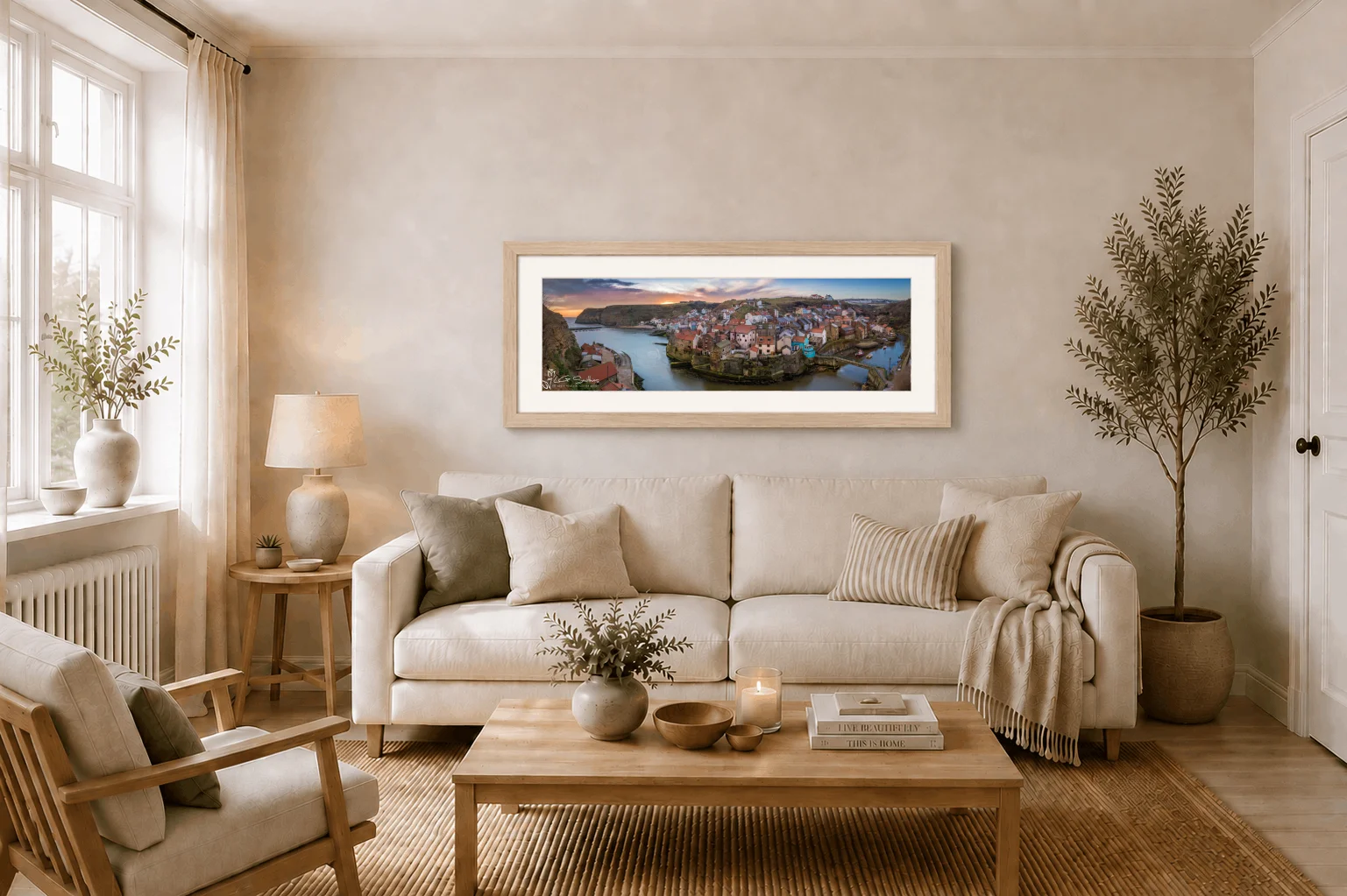 Staithes From Cowbar Slim Panoramic 2 Staithes From Cowbar Slim Panoramic - Ash Ramed Panoramic Print On Display In Living Room