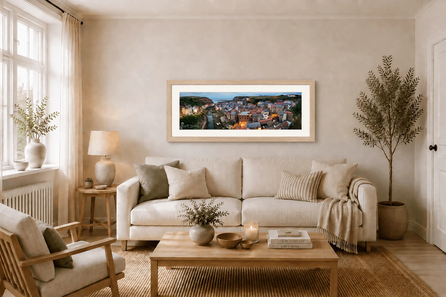 Staithes Night Slim Panoramic 2 Staithes Night Slim Panoramic - Ash Ramed Panoramic Print On Display In Living Room