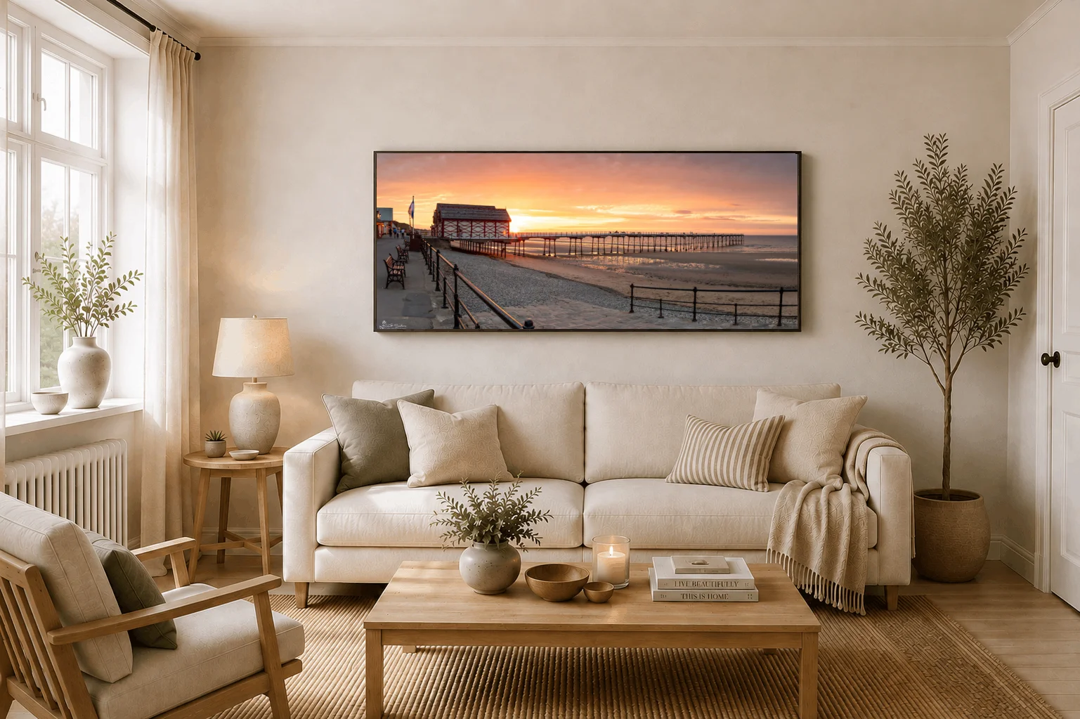 Sunset On Saltburn Beach Panoramic 4 Sunset On Saltburn Beach Panoramic - Large floating Framed Canvas On Display In A Living Room