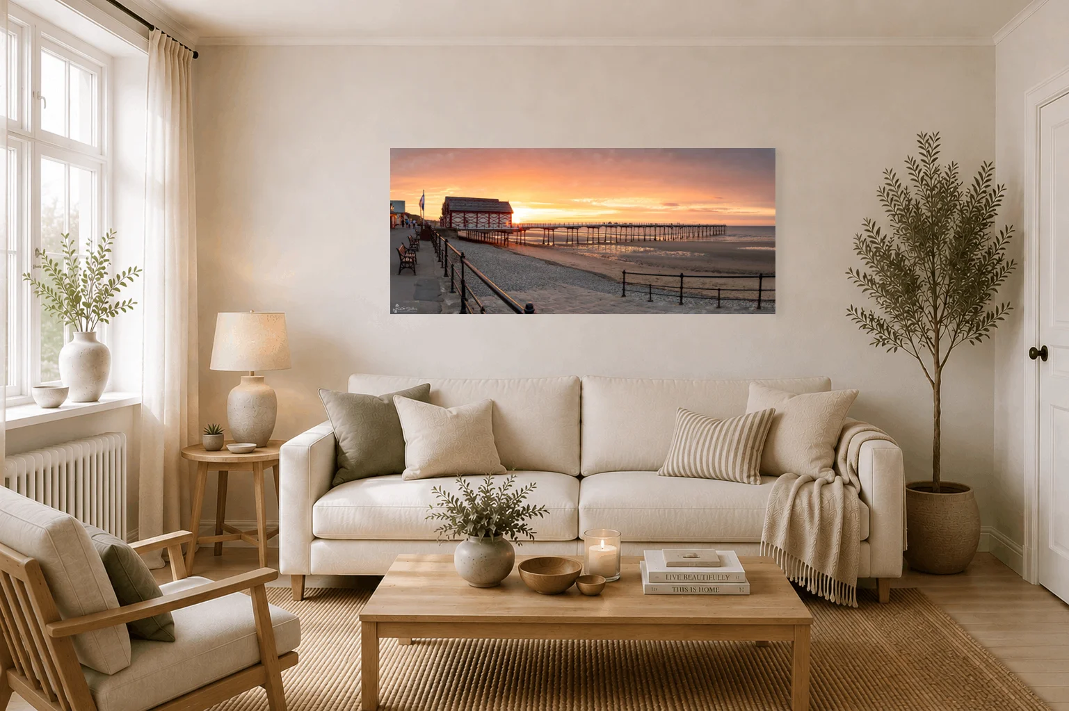 Sunset On Saltburn Beach Panoramic 3 Sunset On Saltburn Beach Panoramic - Large Panoramic Canvas On Display In A Living Room