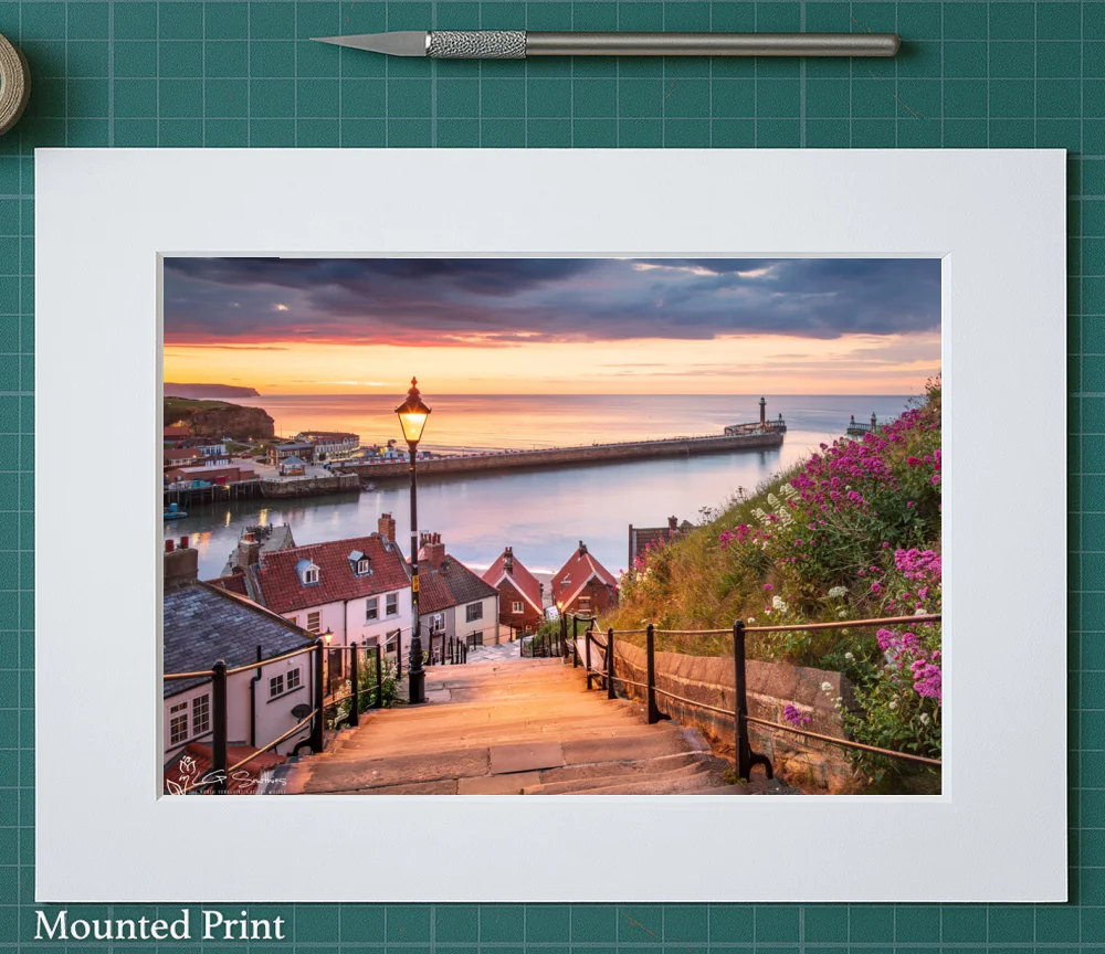 Sunset On Whitby's 199 Steps 2 Sunset On Whitby's 199 Steps - Landscape-Mounted-Print