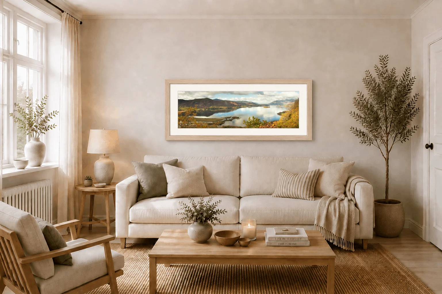 Surprise View Ashness Woods Derwent Water Slim Panoramic 3 Surprise View Ashness Woods Derwent Water Slim Panoramic - Ash Ramed Panoramic Print On Display In Living Room