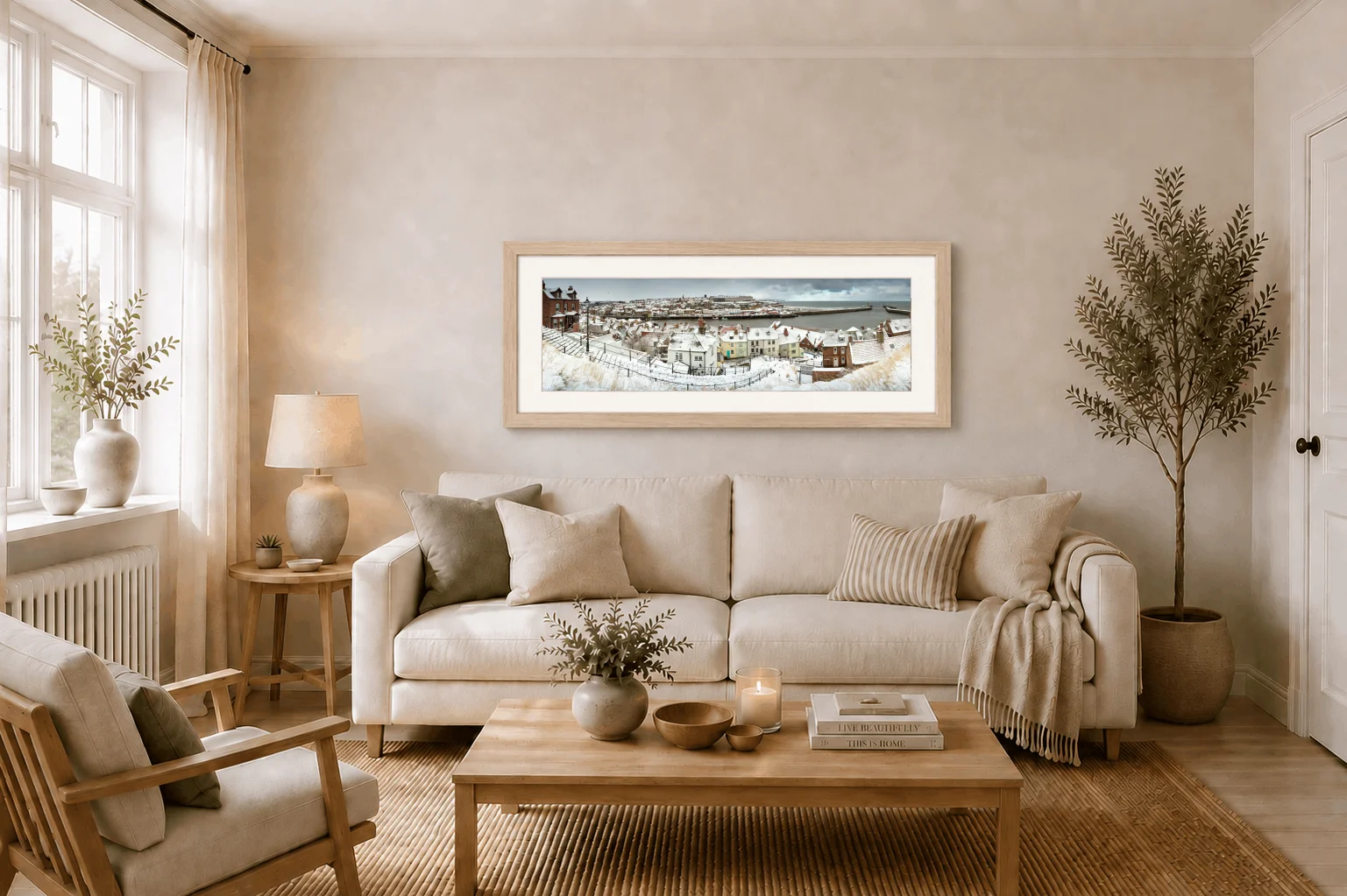 Whitby And The 199 Steps Snow Slim Panoramic 3 Whitby And The 199 Steps Snow Slim Panoramic - Ash Ramed Panoramic Print On Display In Living Room