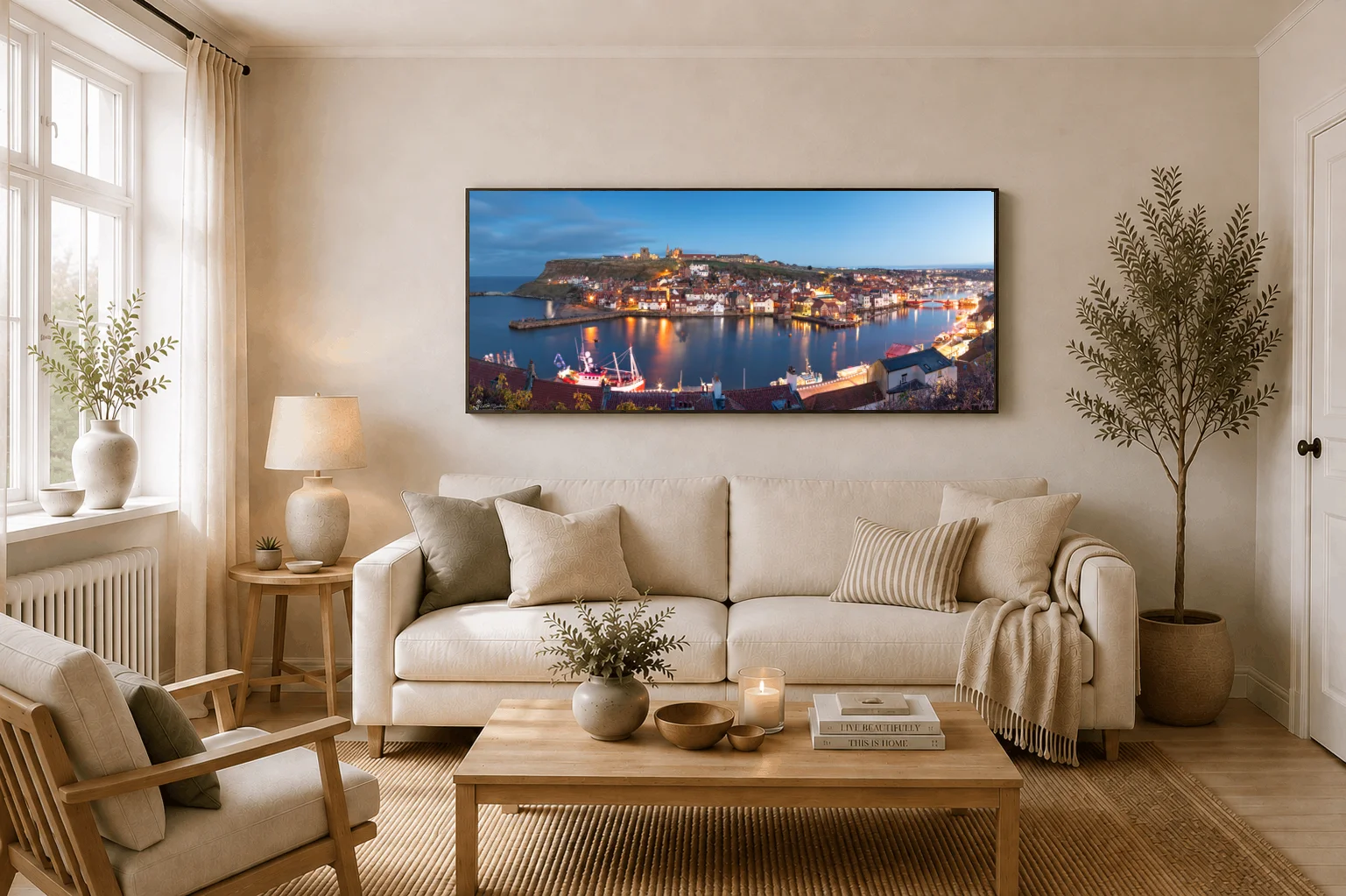 Whitby At Night Panoramic 4 Whitby At Night Panoramic - Large floating Framed Canvas On Display In A Living Room