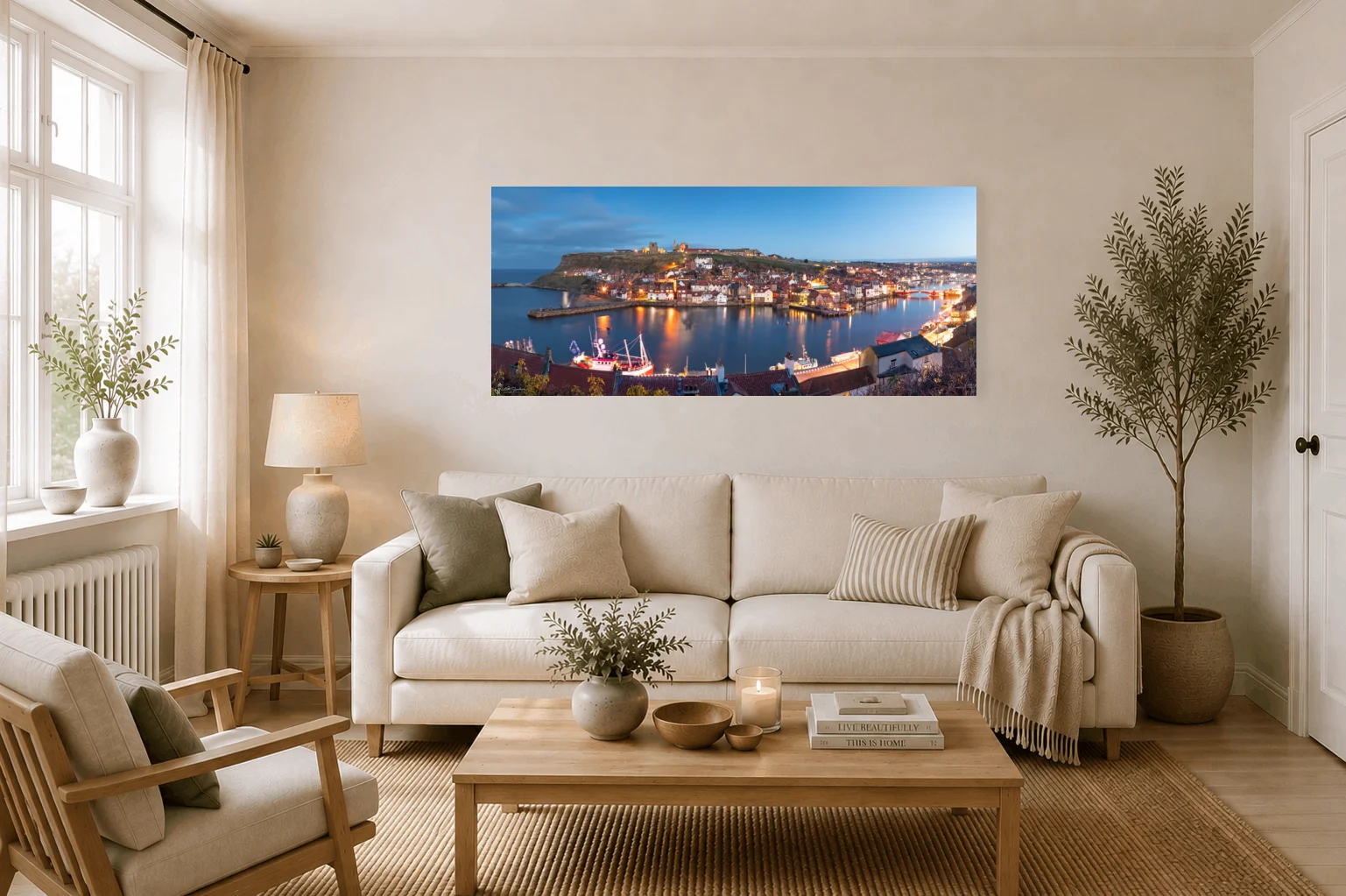 Whitby At Night Panoramic 3 Whitby At Night Panoramic - Large Panoramic Canvas On Display In A Living Room