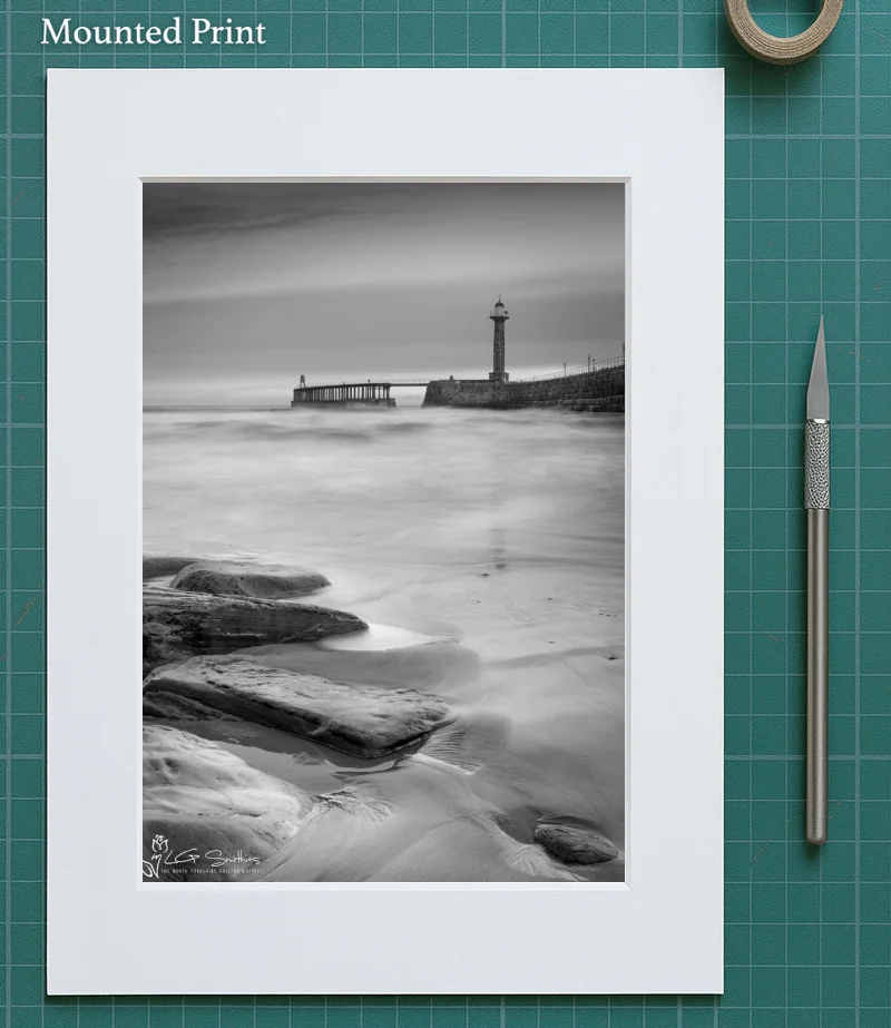 Whitby Beach Black and White 5 Whitby Beach Black and White - Mounted-Print-Portrait
