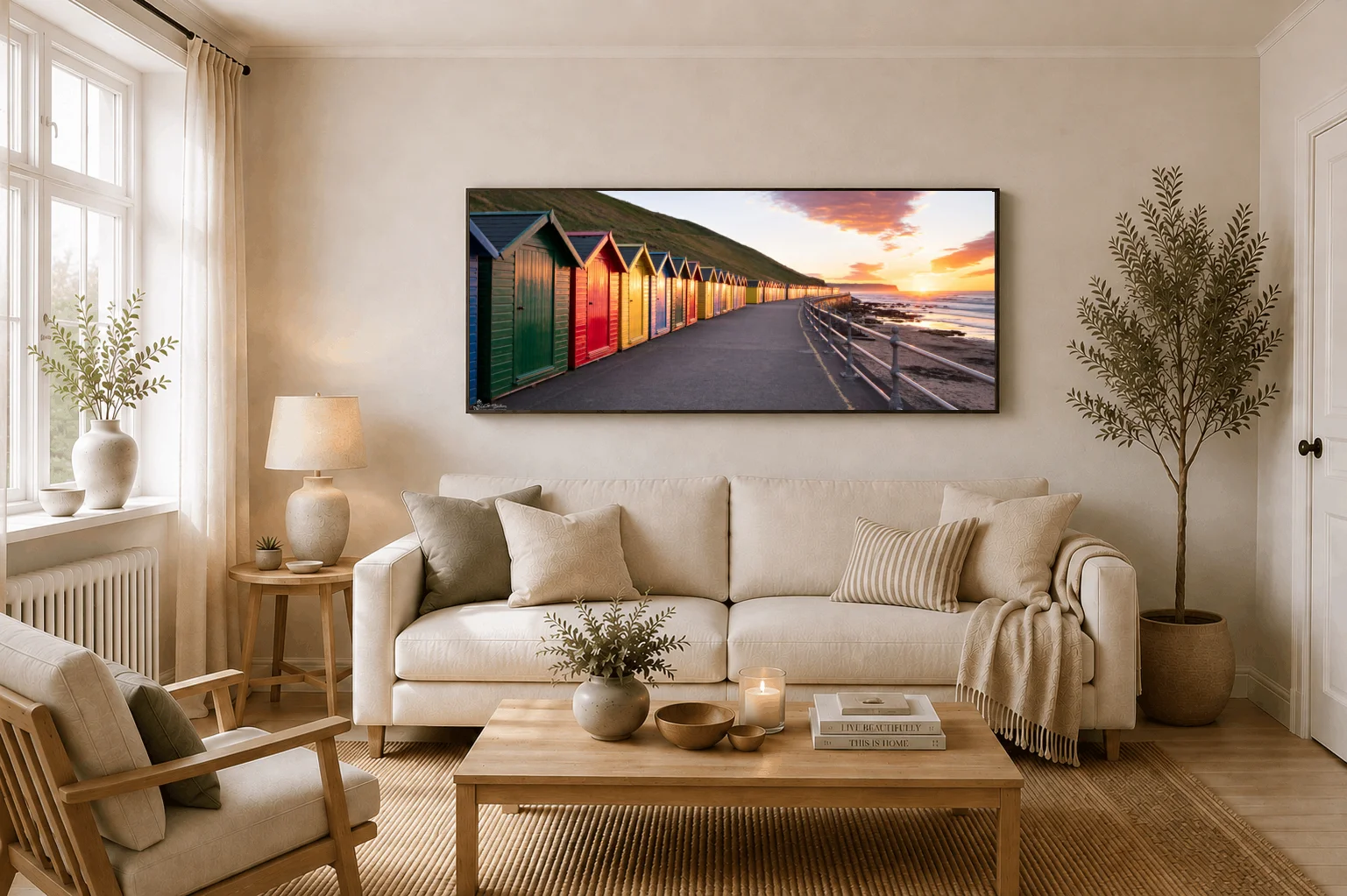 Whitby Beach Huts Panoramic 4 Whitby Beach Huts Panoramic - Large floating Framed Canvas On Display In A Living Room
