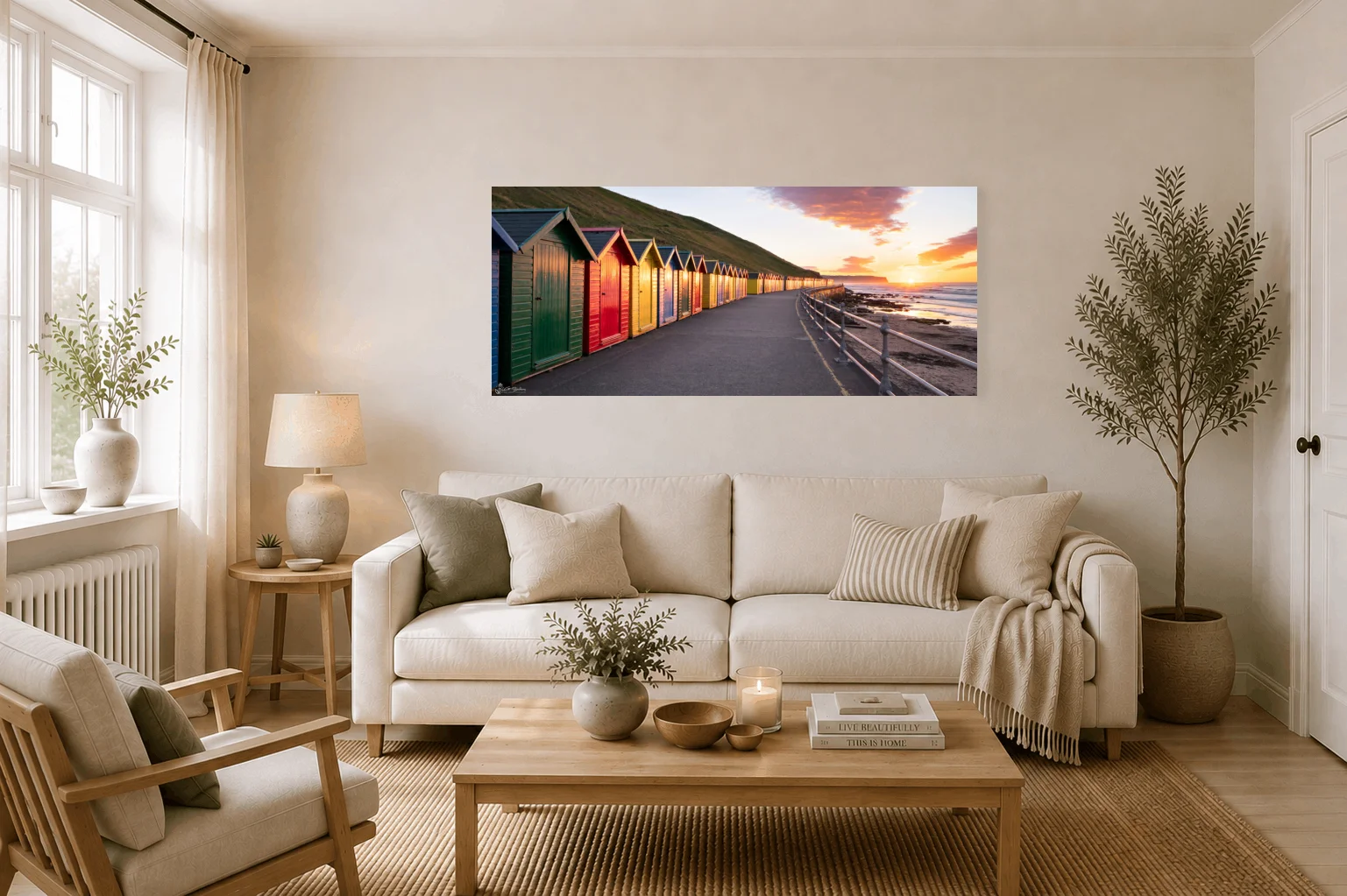 Whitby Beach Huts Panoramic 3 Whitby Beach Huts Panoramic - Large Panoramic Canvas On Display In A Living Room