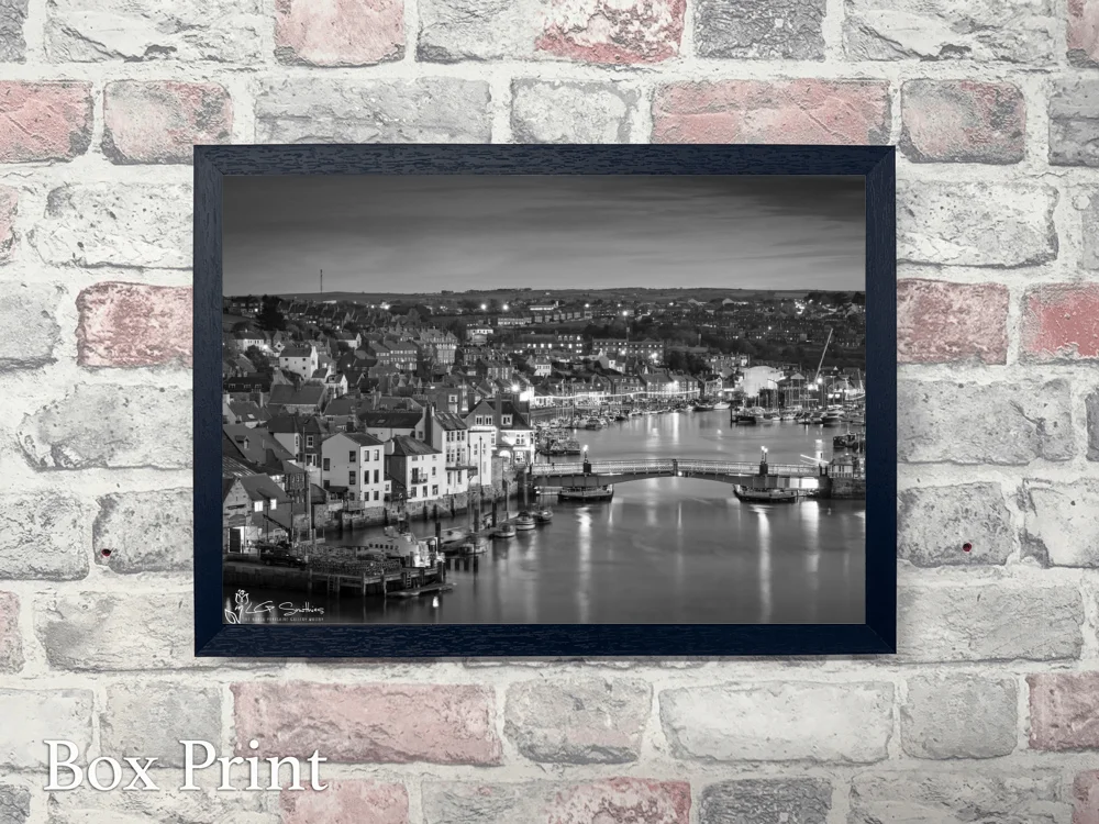 Whitby Harbour At Night Black And White 4 Whitby Harbour At Night Black And White - Landscape-Box-Print