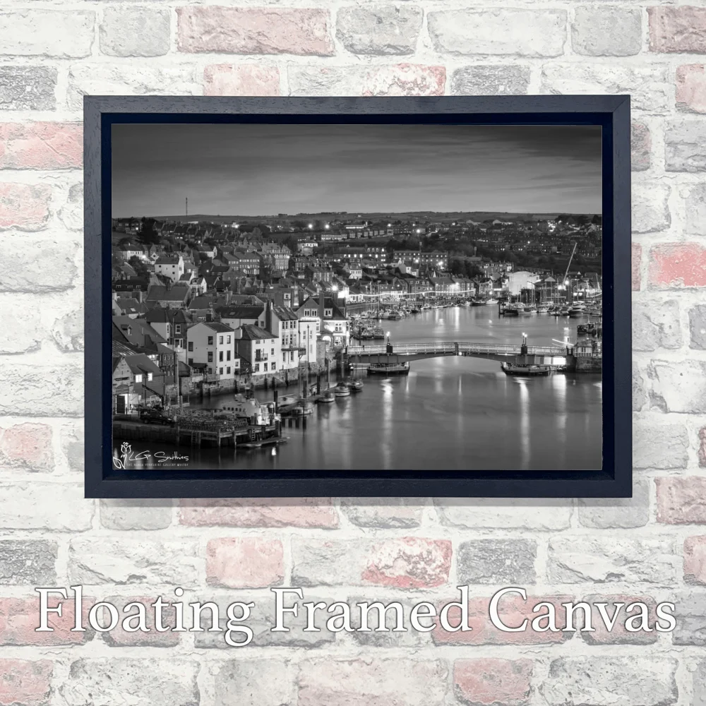 Whitby Harbour At Night Black And White 3 Whitby Harbour At Night Black And White - Landscape-Float-Frame-Canvas