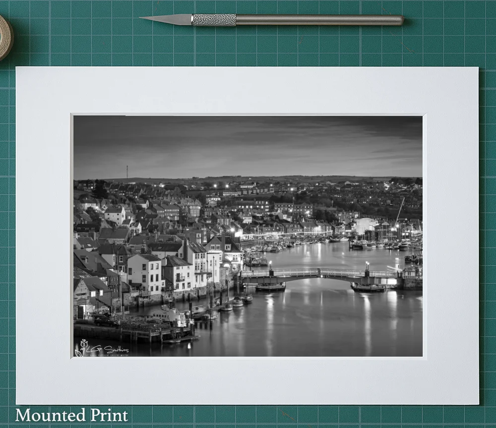 Whitby Harbour At Night Black And White 2 Whitby Harbour At Night Black And White - Landscape-Mounted-Print