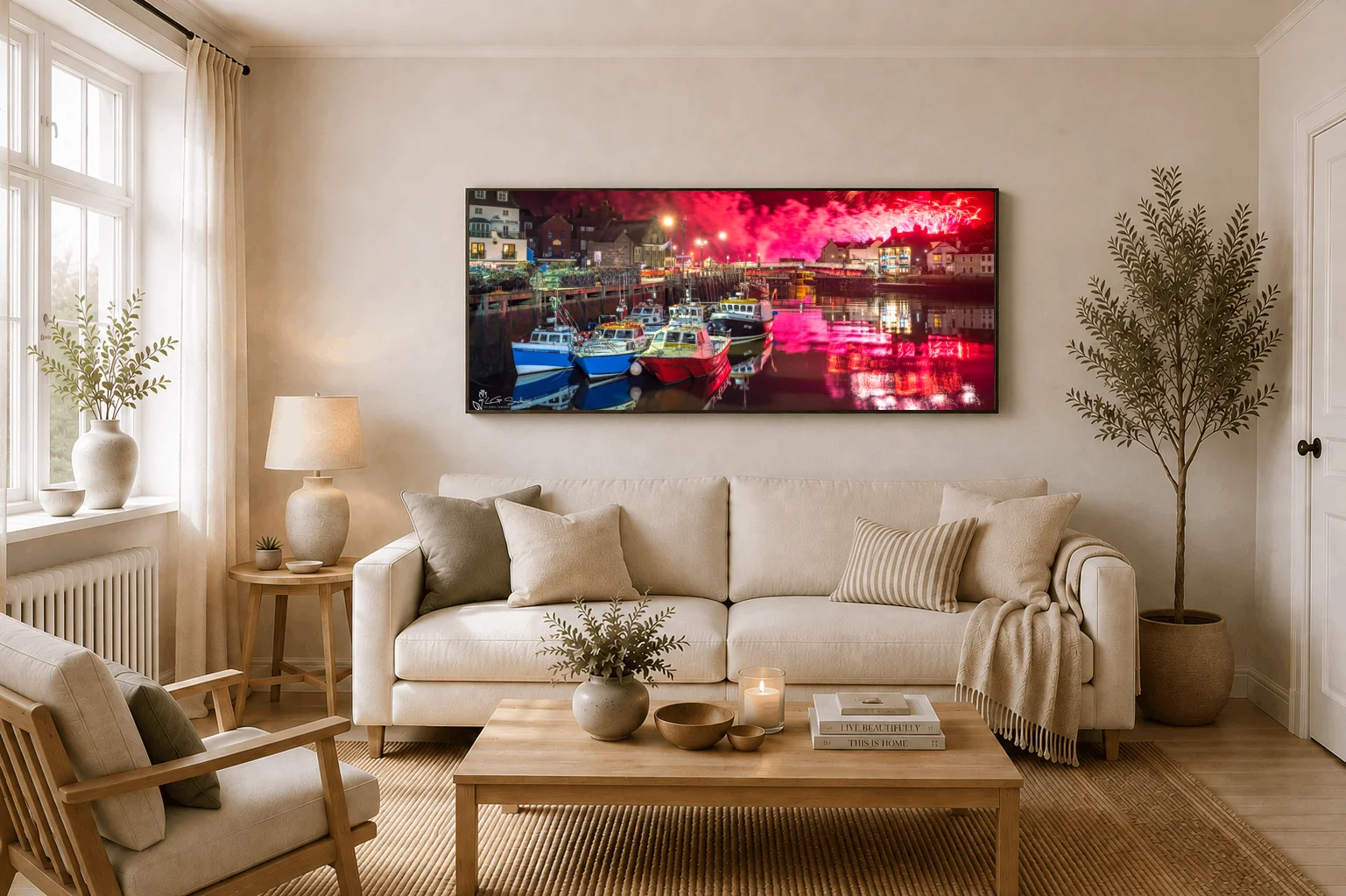 Whitby Harbour Fireworks Wide Panoramic 4 Whitby Harbour Fireworks Wide Panoramic - Large floating Framed Canvas On Display In A Living Room