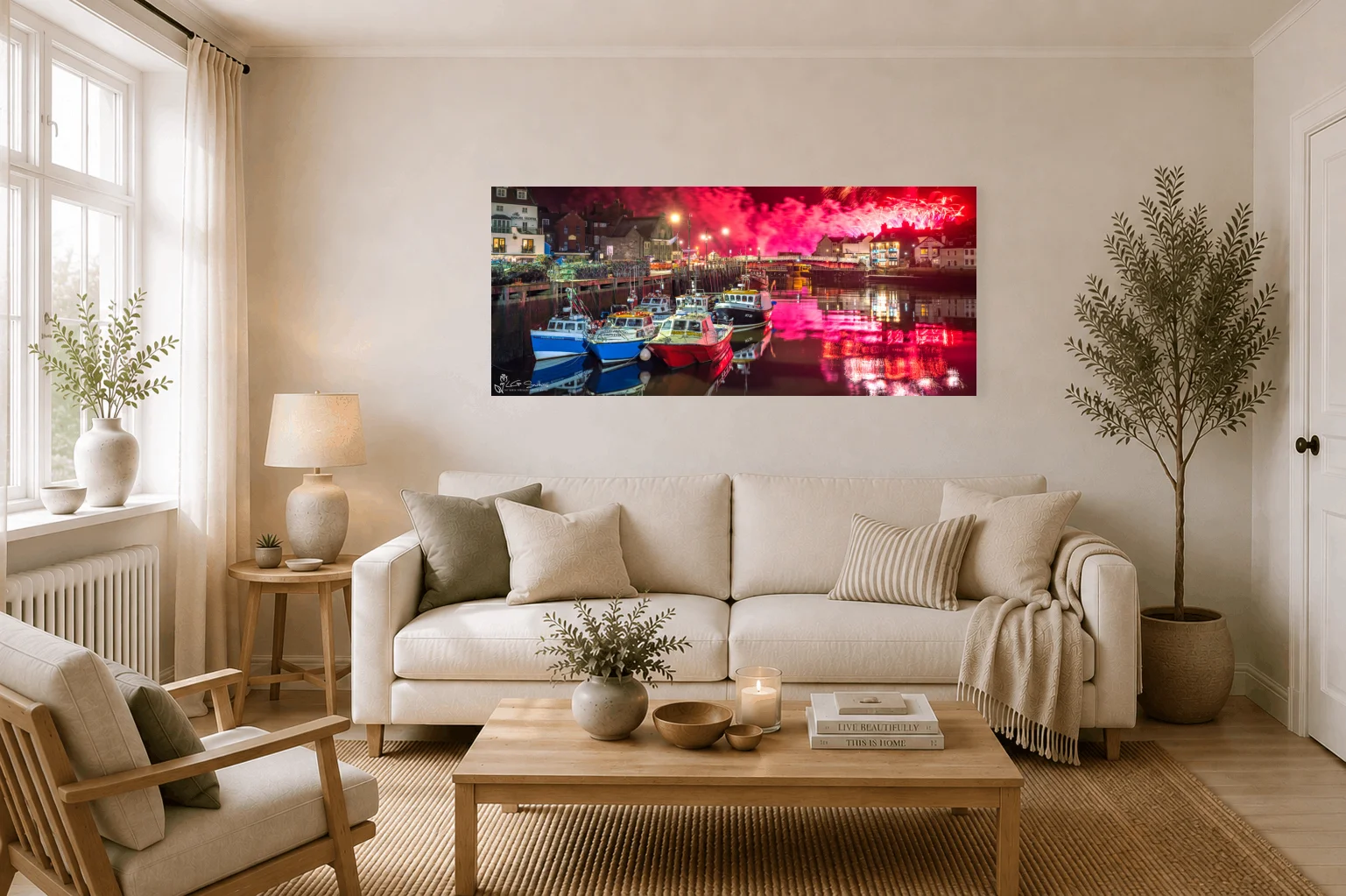 Whitby Harbour Fireworks Wide Panoramic 3 Whitby Harbour Fireworks Wide Panoramic - Large Panoramic Canvas On Display In A Living Room
