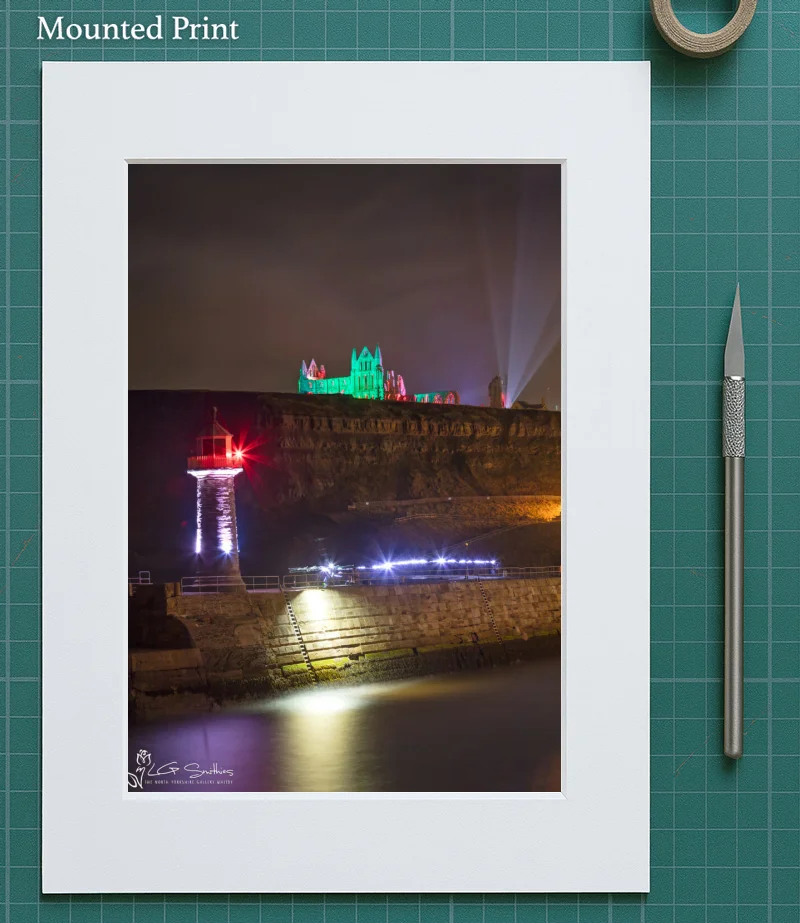 Whitby Lighthouse And Illuminated Abbey 5 Whitby Lighthouse And Illuminated Abbey - Mounted-Print-Portrait