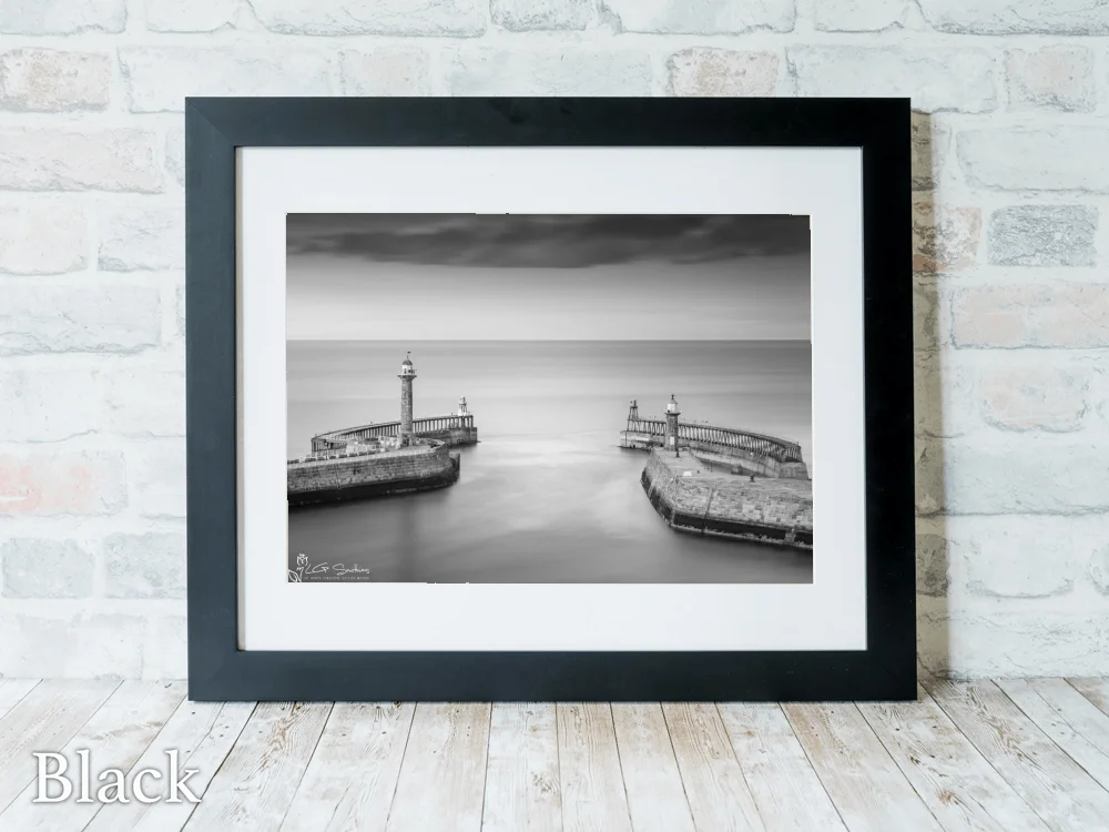 Whitby Piers Black and White 6 Whitby Piers Black and White - Black-Landscape-Frame