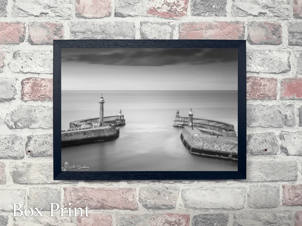 Whitby Piers Black and White 4 Whitby Piers Black and White - Landscape-Box-Print