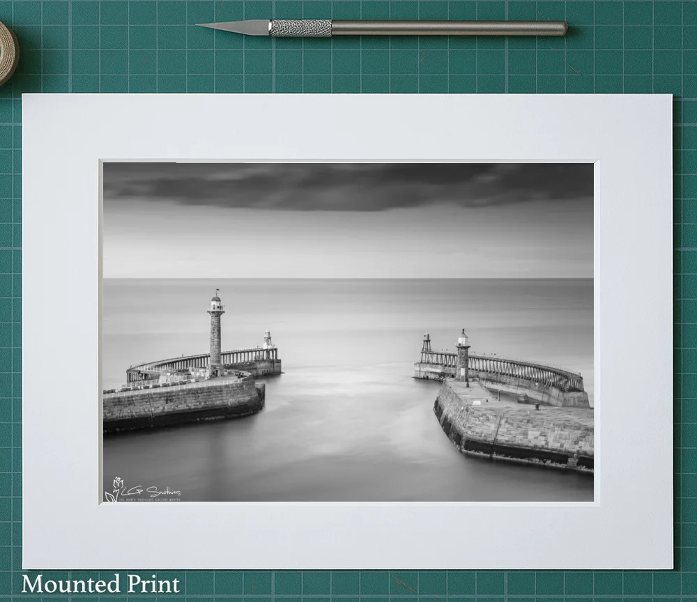 Whitby Piers Black and White 2 Whitby Piers Black and White - Landscape-Mounted-Print