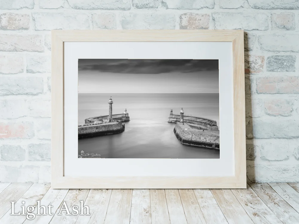 Whitby Piers Black and White 5 Whitby Piers Black and White - Light-Ash-Landscape-Frame