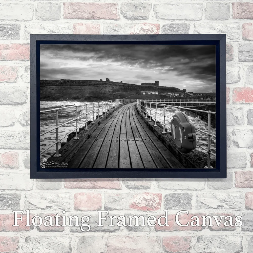 Whitby Piers In A Storm Black And White 3 Whitby Piers In A Storm Black And White - Landscape-Float-Frame-Canvas