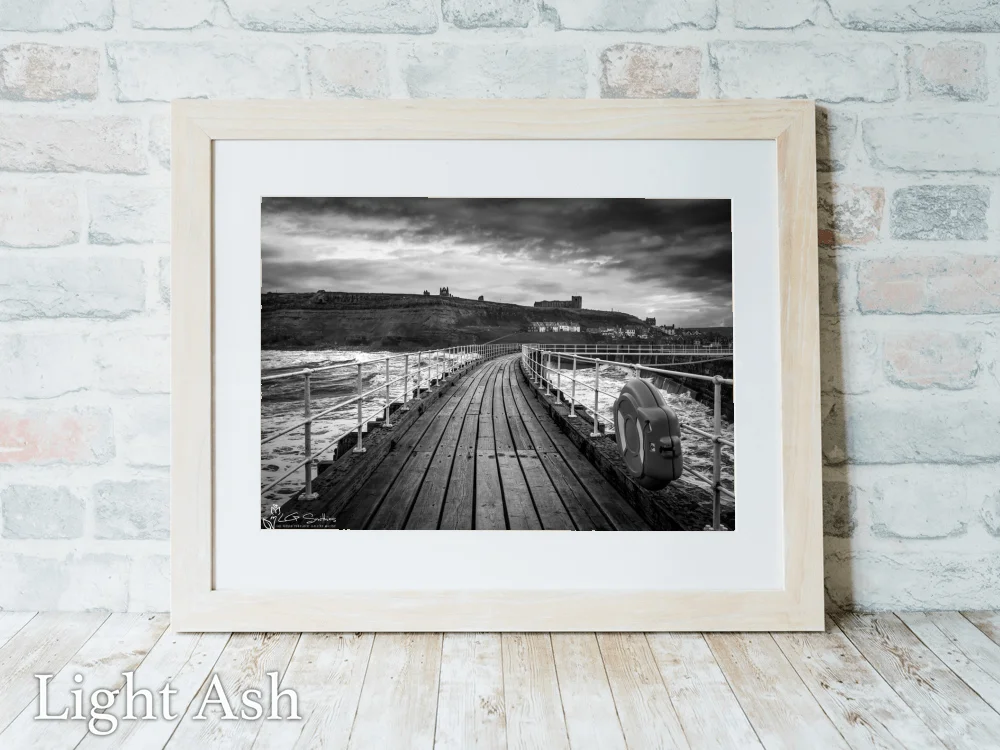 Whitby Piers In A Storm Black And White 5 Whitby Piers In A Storm Black And White - Light-Ash-Landscape-Frame