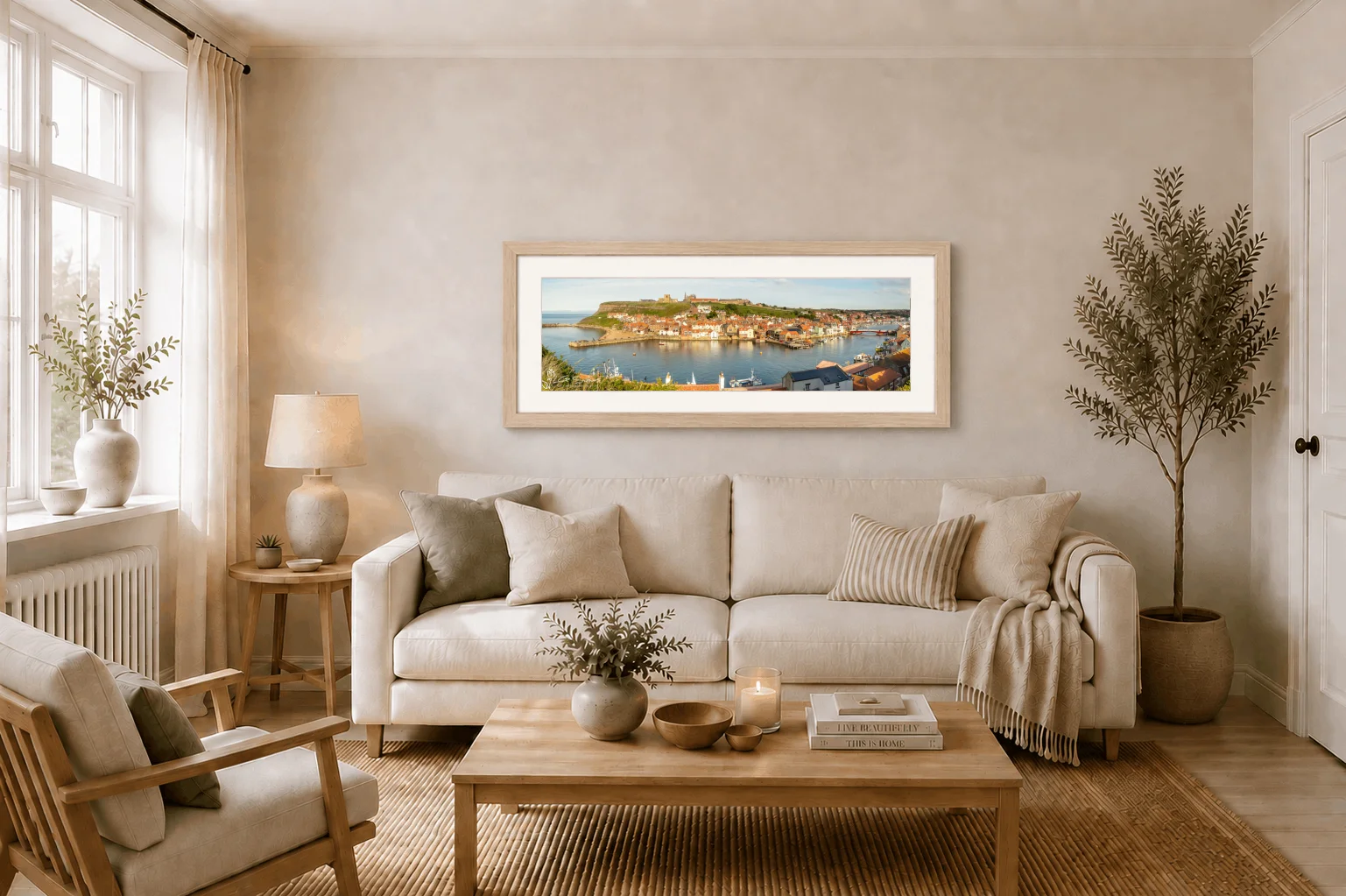 Whitby Summers Afternoon Slim Panoramic 2 Whitby Summers Afternoon Slim Panoramic - Ash Ramed Panoramic Print On Display In Living Room
