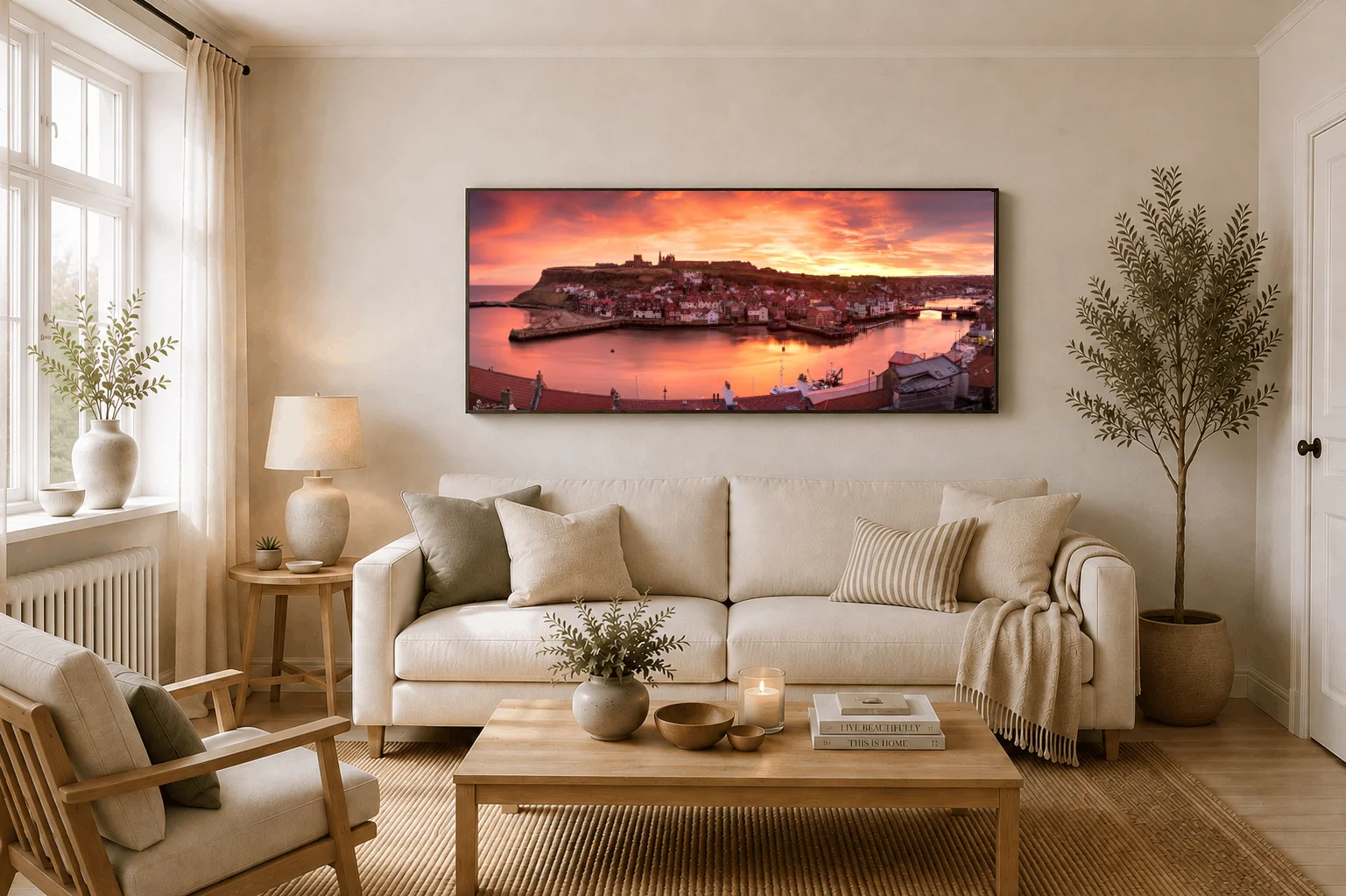 Whitby Sunrise Panoramic 4 Whitby Sunrise Panoramic - Large floating Framed Canvas On Display In A Living Room