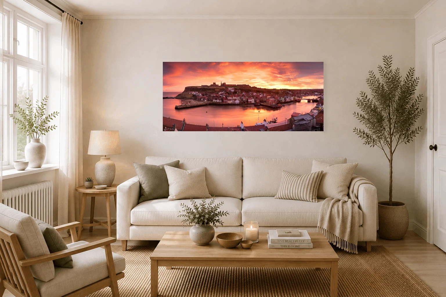 Whitby Sunrise Panoramic 3 Whitby Sunrise Panoramic - Large Panoramic Canvas On Display In A Living Room