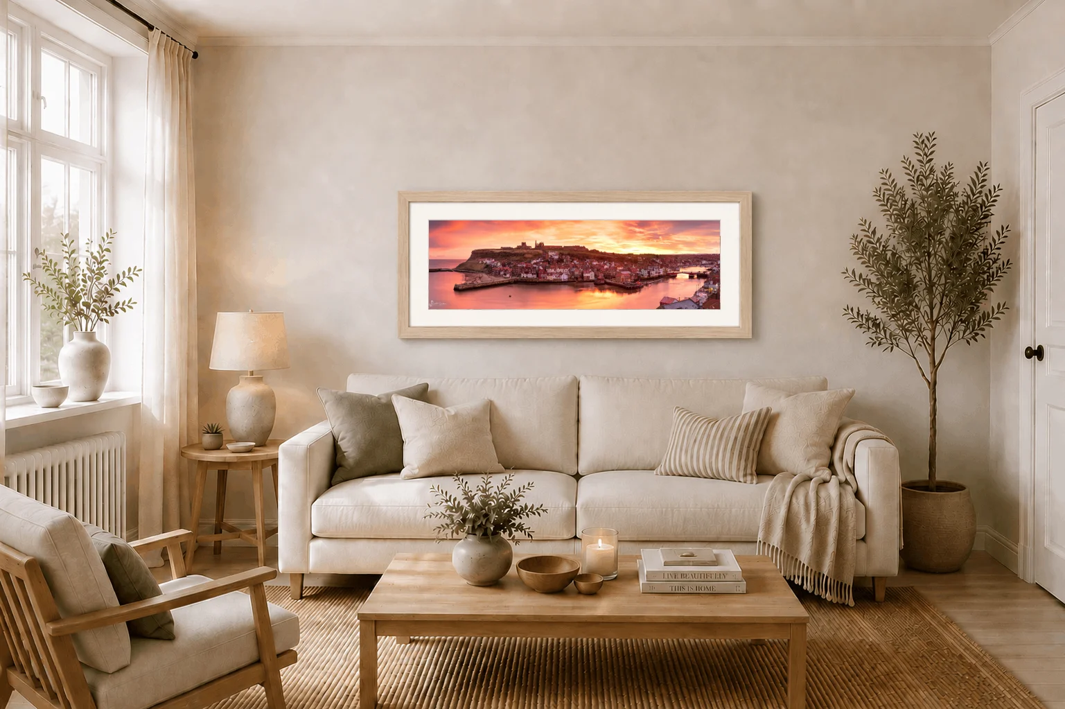Whitby Sunrise Slim Panoramic 3 Whitby Sunrise Slim Panoramic - Ash Ramed Panoramic Print On Display In Living Room