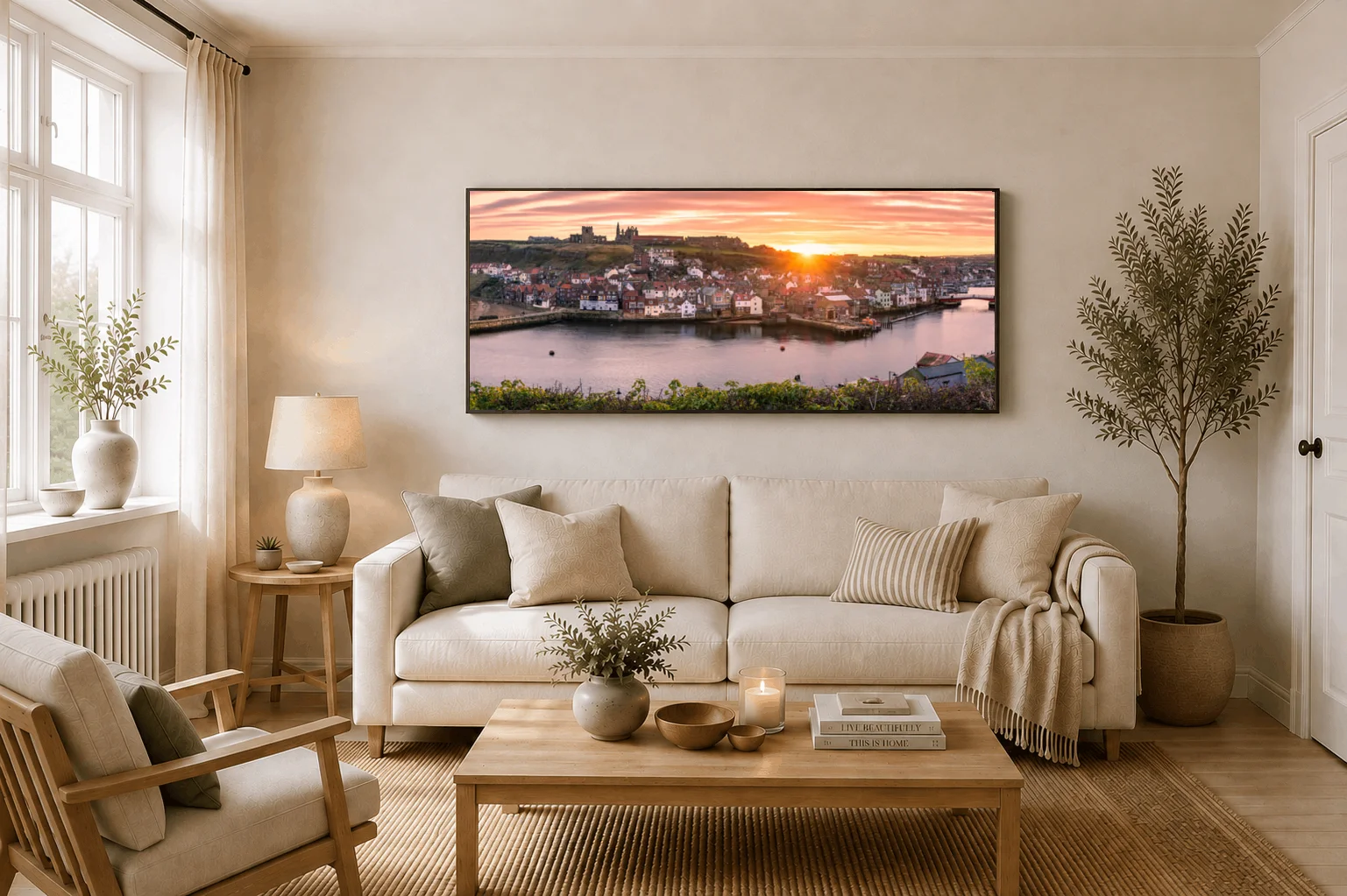 WHITBY WINTER SUNRISE Slim PANORAMIC 3 WHITBY WINTER SUNRISE Slim PANORAMIC - Large floating Framed Canvas On Display In A Living Room