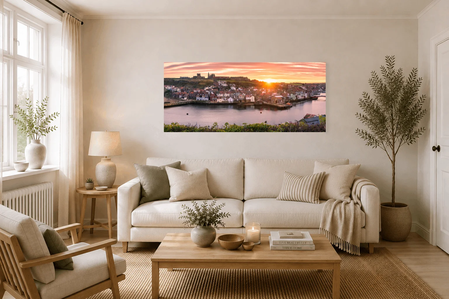 WHITBY WINTER SUNRISE Slim PANORAMIC 2 WHITBY WINTER SUNRISE Slim PANORAMIC - Large Panoramic Canvas On Display In A Living Room